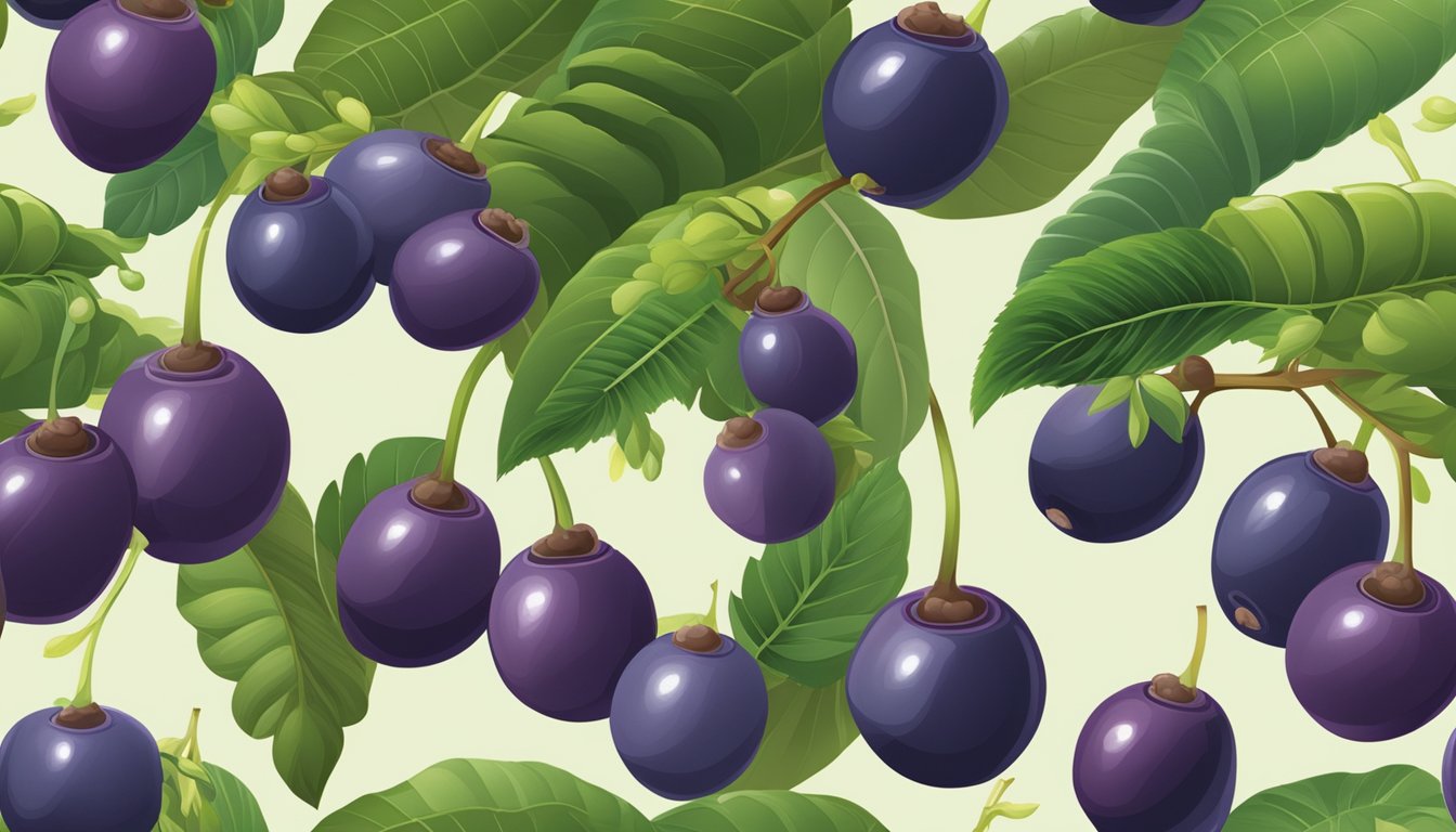 Acai berries in various stages of ripeness, from green to dark purple, surrounded by lush green leaves and vines