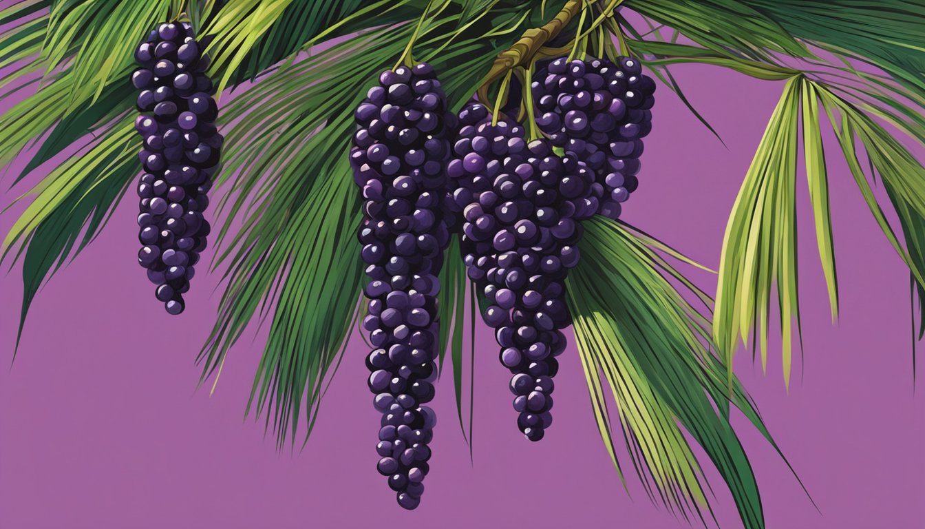 Acai berries hanging from lush, green palm trees in the Amazon rainforest, with vibrant purple and black colors indicating ripeness