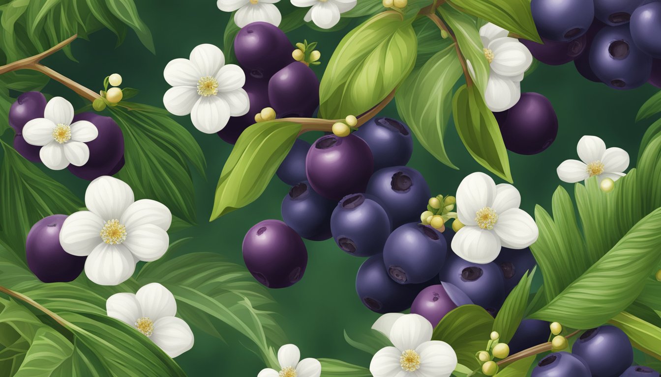 Acai berries hanging from lush green branches, deep purple and plump, surrounded by vibrant foliage and small white flowers