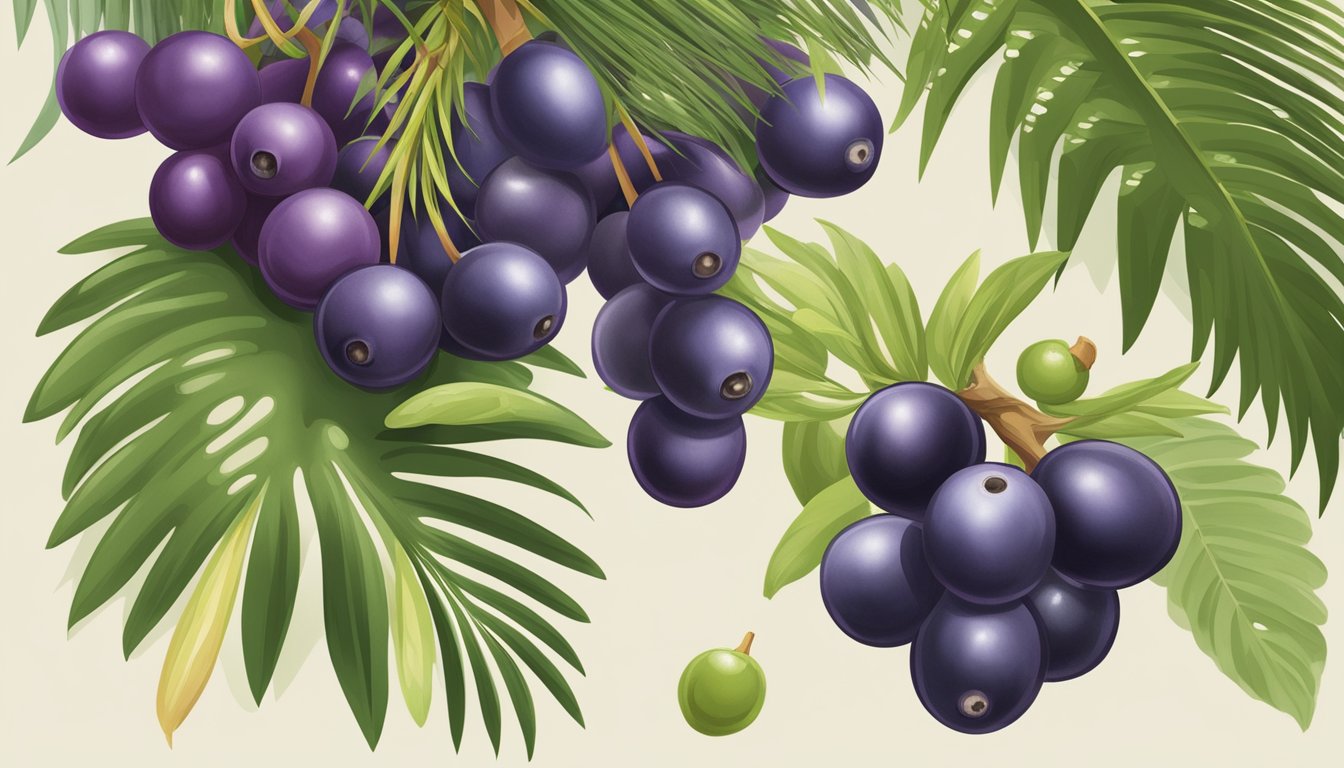 Acai berries in various stages of ripeness, some deep purple and plump, others still green and unripe, hanging from the branches of a palm tree