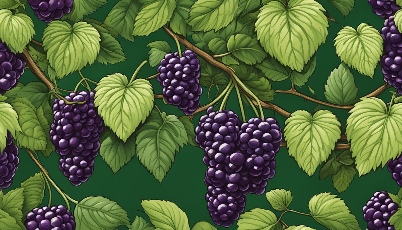 Ripe marionberries hang from lush green vines, their deep purple color contrasting with the surrounding foliage