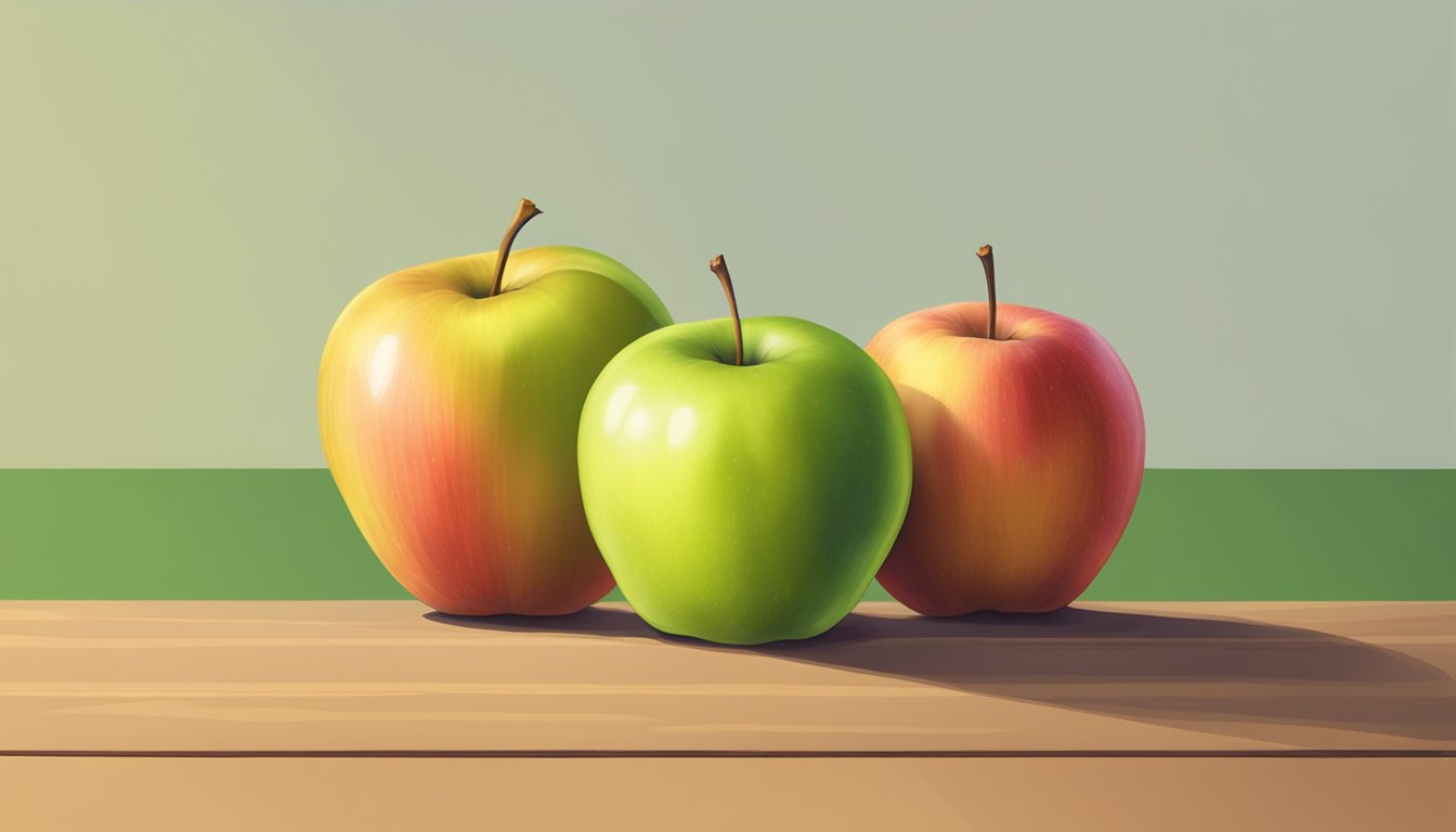 A ripe Jonagold apple sits on a wooden surface next to a green, unripe apple. The ripe apple is golden yellow with a red blush and has a slightly glossy appearance