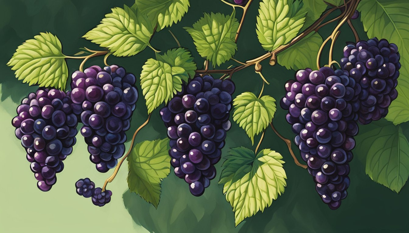 A cluster of marionberries hangs from a thorny vine, deep purple and plump, surrounded by lush green leaves and dappled sunlight