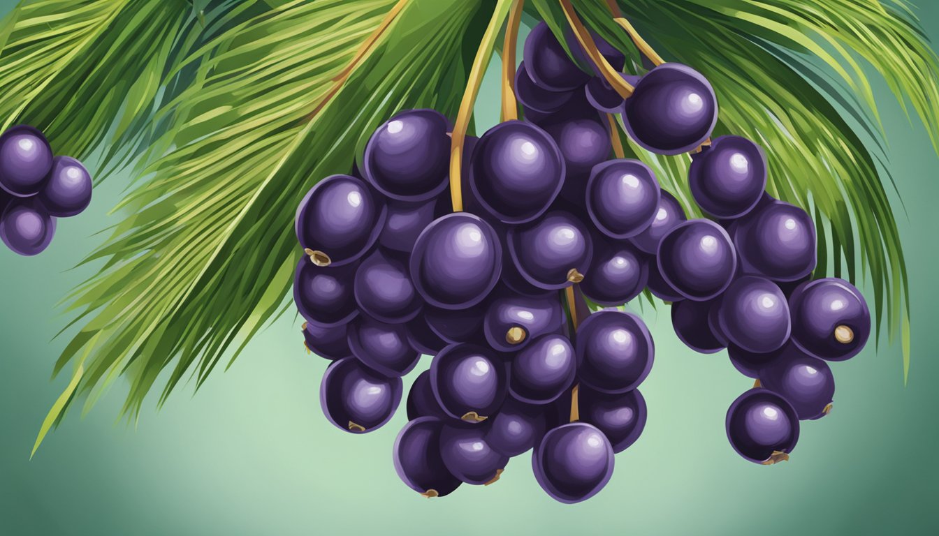 Acai berries hanging from a lush, green palm tree, showing deep purple color and plump, smooth texture