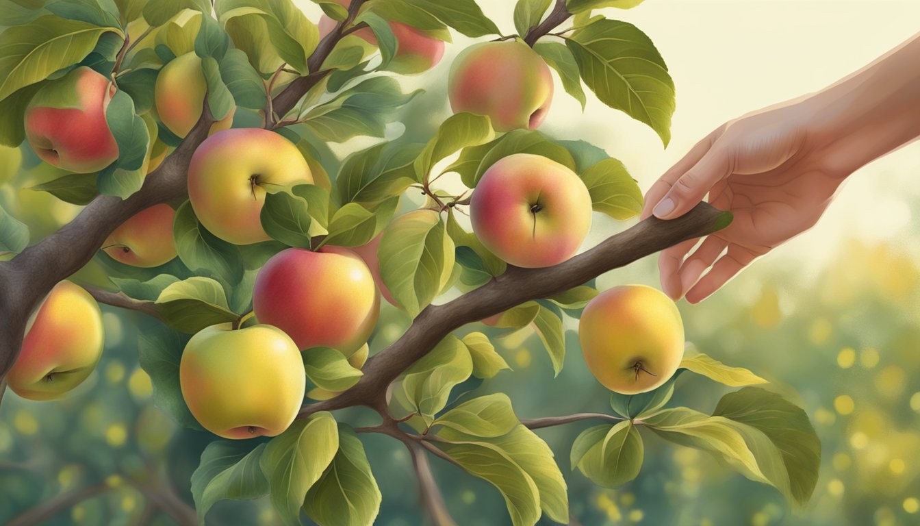 A hand reaching for a jonagold apple on a tree, checking for firmness and yellow-green color with red blush