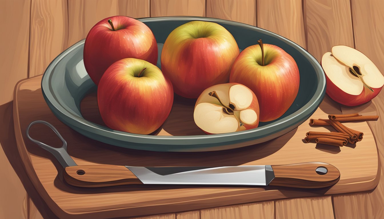 A ripe Jonagold apple sits on a wooden cutting board, surrounded by a paring knife, measuring spoons, and a bowl of cinnamon