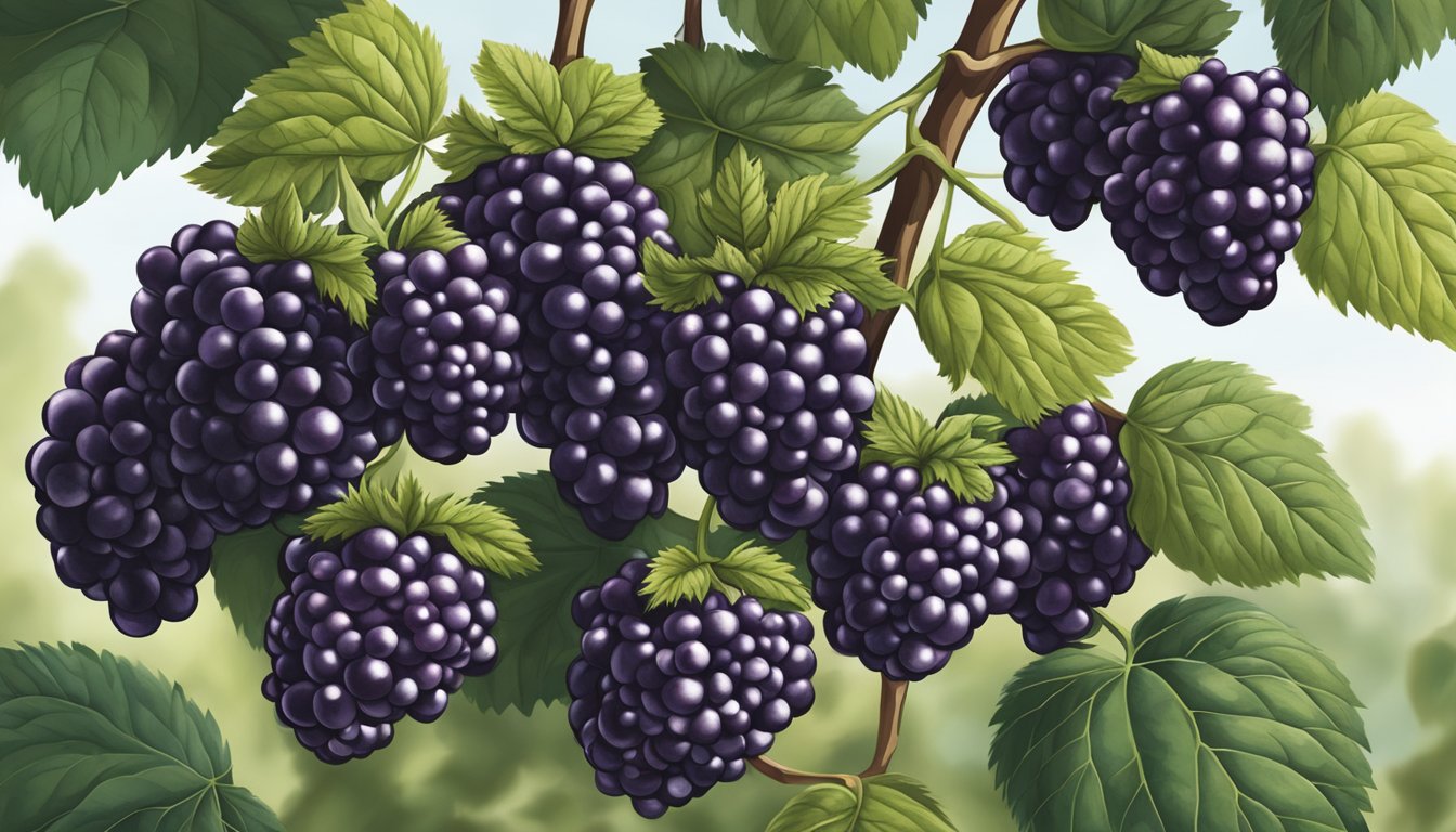 A cluster of ripe marionberries hangs from a thorny vine, their deep purple color and plump, juicy appearance indicating their readiness for harvest