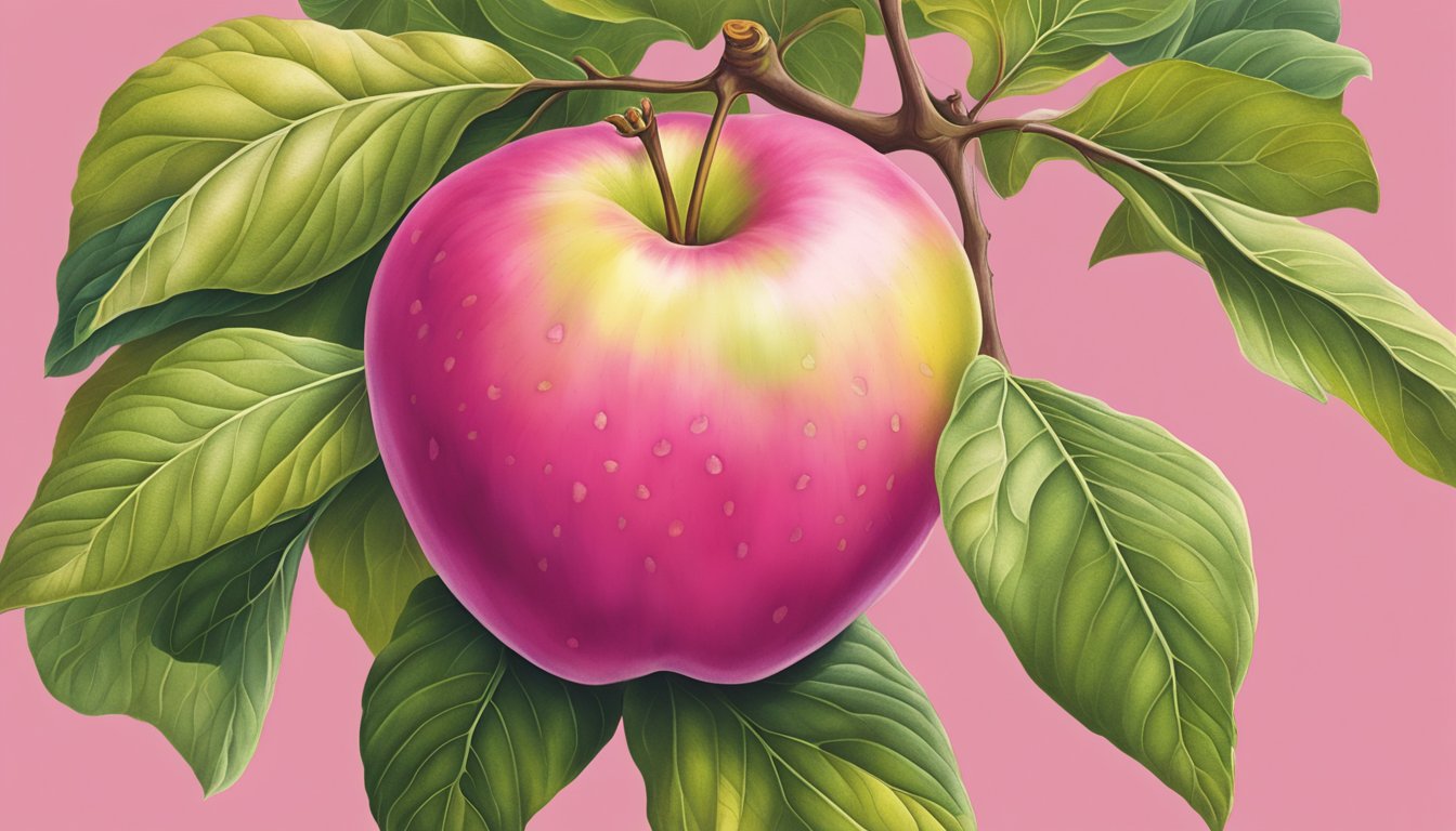 A close-up of a Pink Lady apple on a tree, showing its vibrant pink color and the characteristic yellow and green undertones when ripe