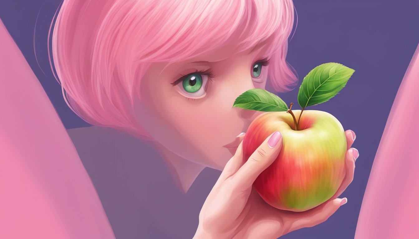 A pink lady apple being gently squeezed between two fingers to test for ripeness