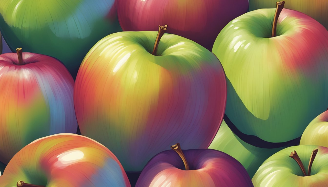 A close-up of a McIntosh apple being gently squeezed to check for ripeness, with a few other apples in the background