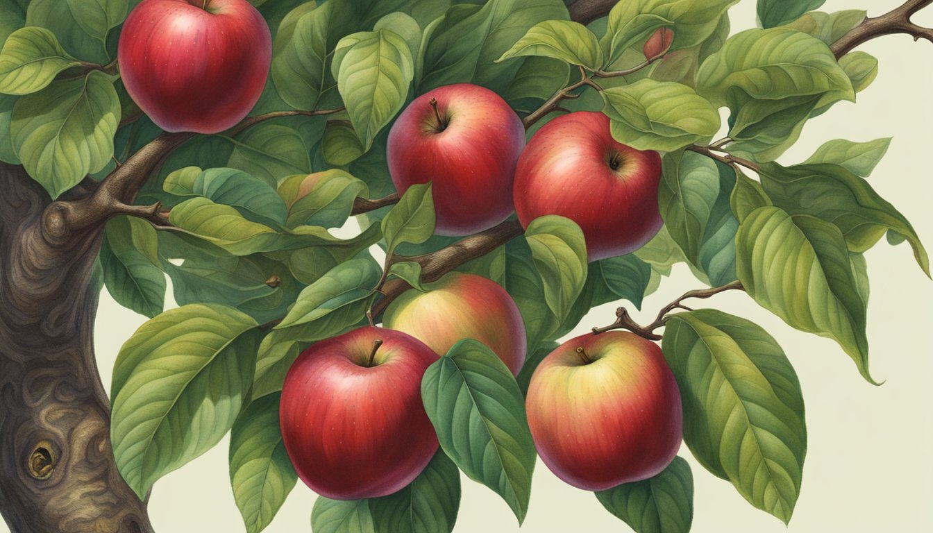 A ripe McIntosh apple hangs from a tree, its vibrant red skin dotted with small patches of green, surrounded by leaves and a few other apples