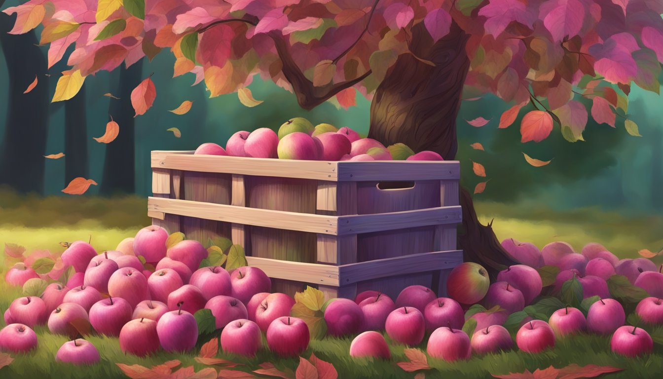 A pink lady apple hanging from a tree with bright pink and green colors, surrounded by fallen leaves and a wooden crate for storage