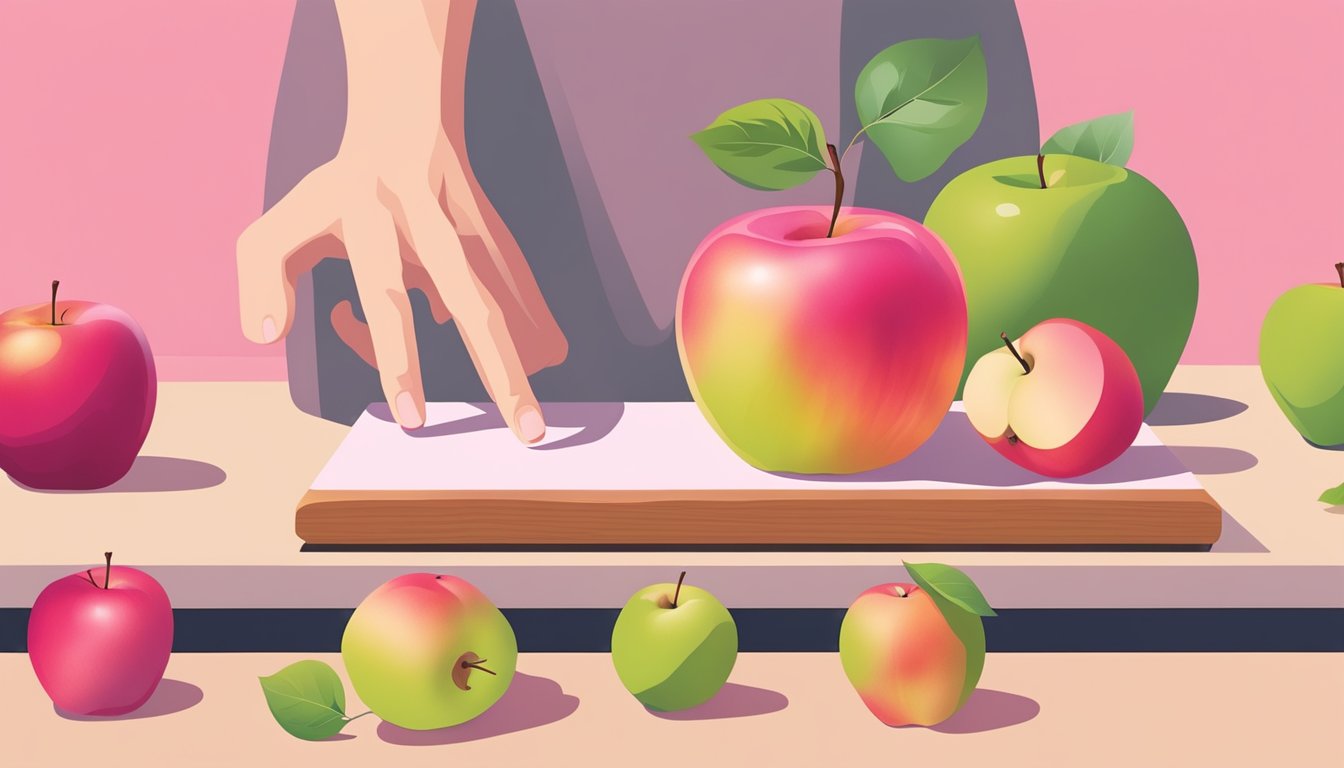 A hand reaching for a Pink Lady apple, pressing gently to check for firmness, with a background of other apples and a cutting board