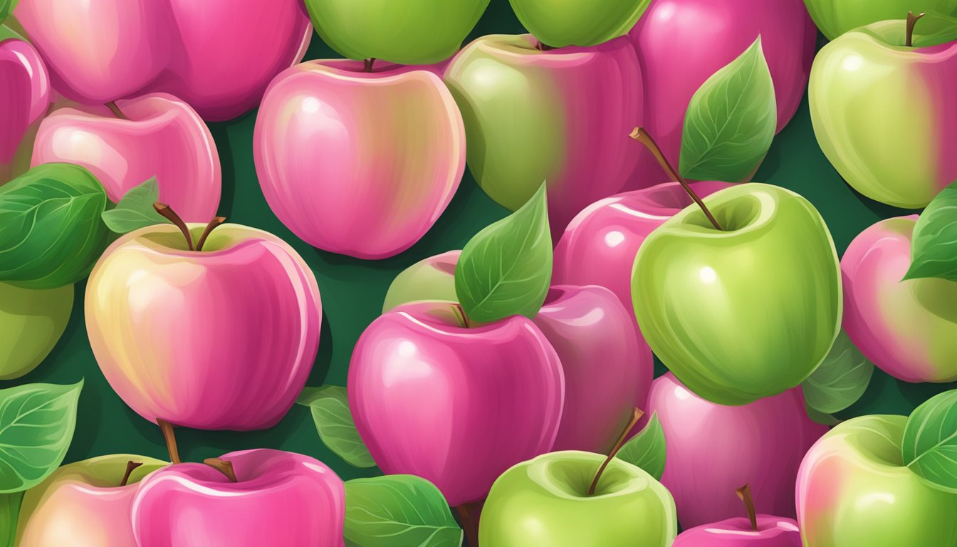 A ripe Pink Lady apple sits on a wooden surface with a vibrant pink and green color, a smooth and shiny skin, and a firm texture