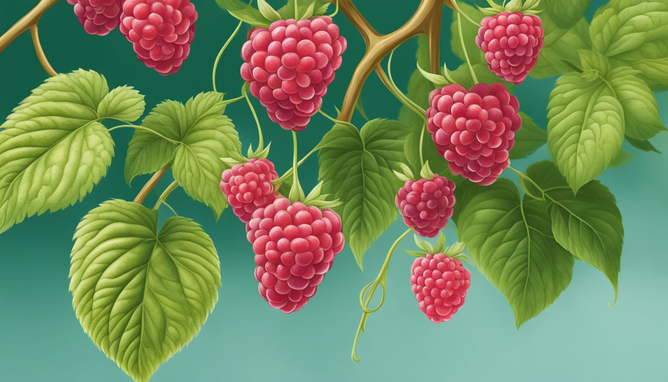 Ripe raspberries hanging from green vines in a lush garden