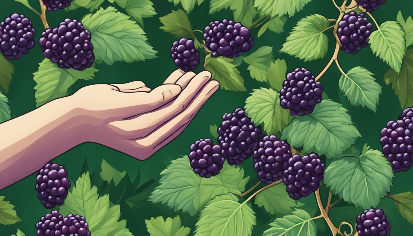 A hand reaching for a cluster of deep purple blackberries, surrounded by lush green leaves and thorny branches