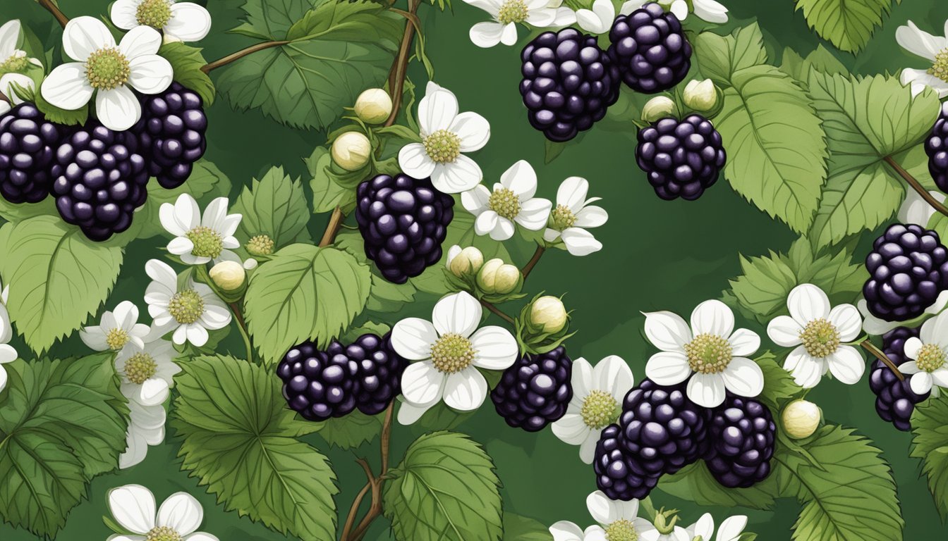 A cluster of deep purple blackberries hangs from a thorny vine, surrounded by lush green leaves and small white blossoms