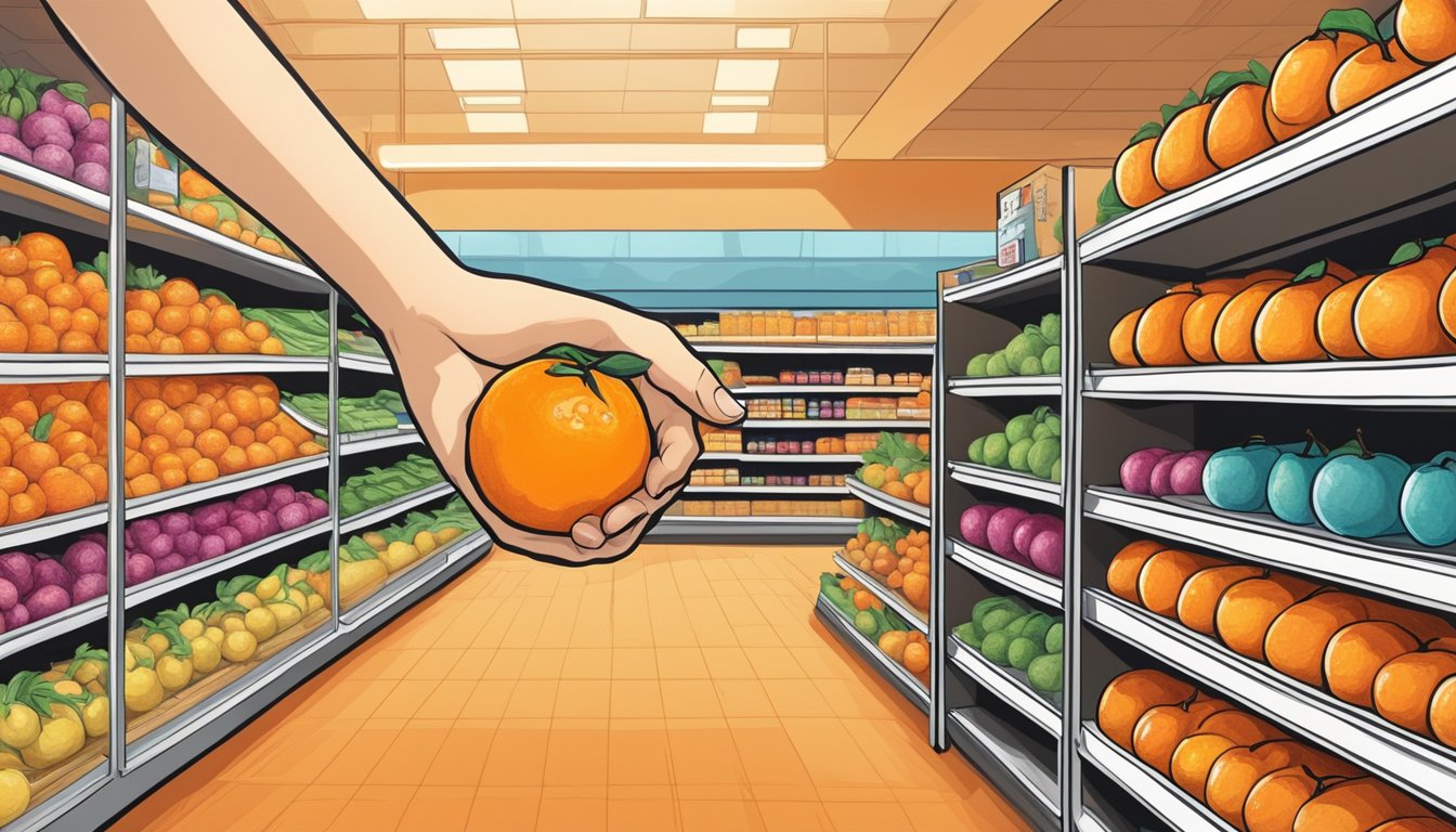 A hand reaching for a clementine, examining its firmness and vibrant orange color under the bright grocery store lights