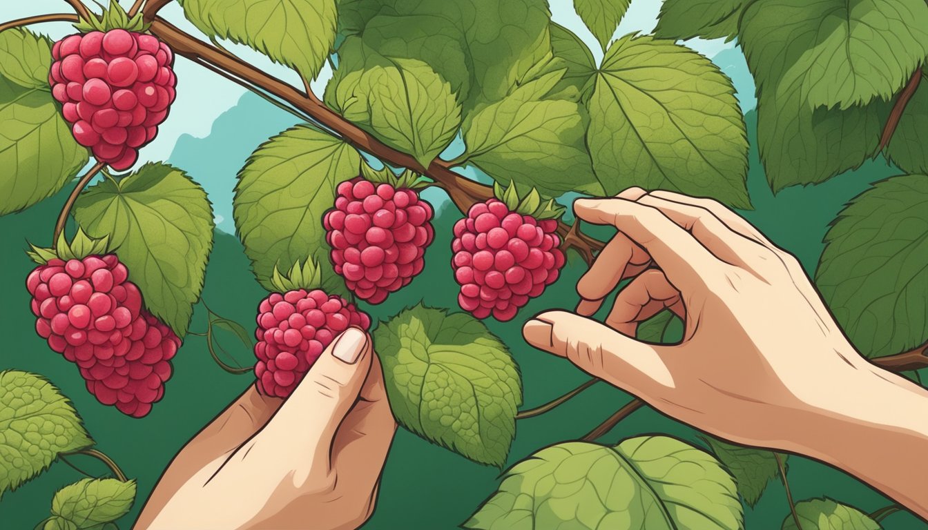 A hand reaching for raspberries on the vine, carefully inspecting each berry for color, firmness, and plumpness before picking