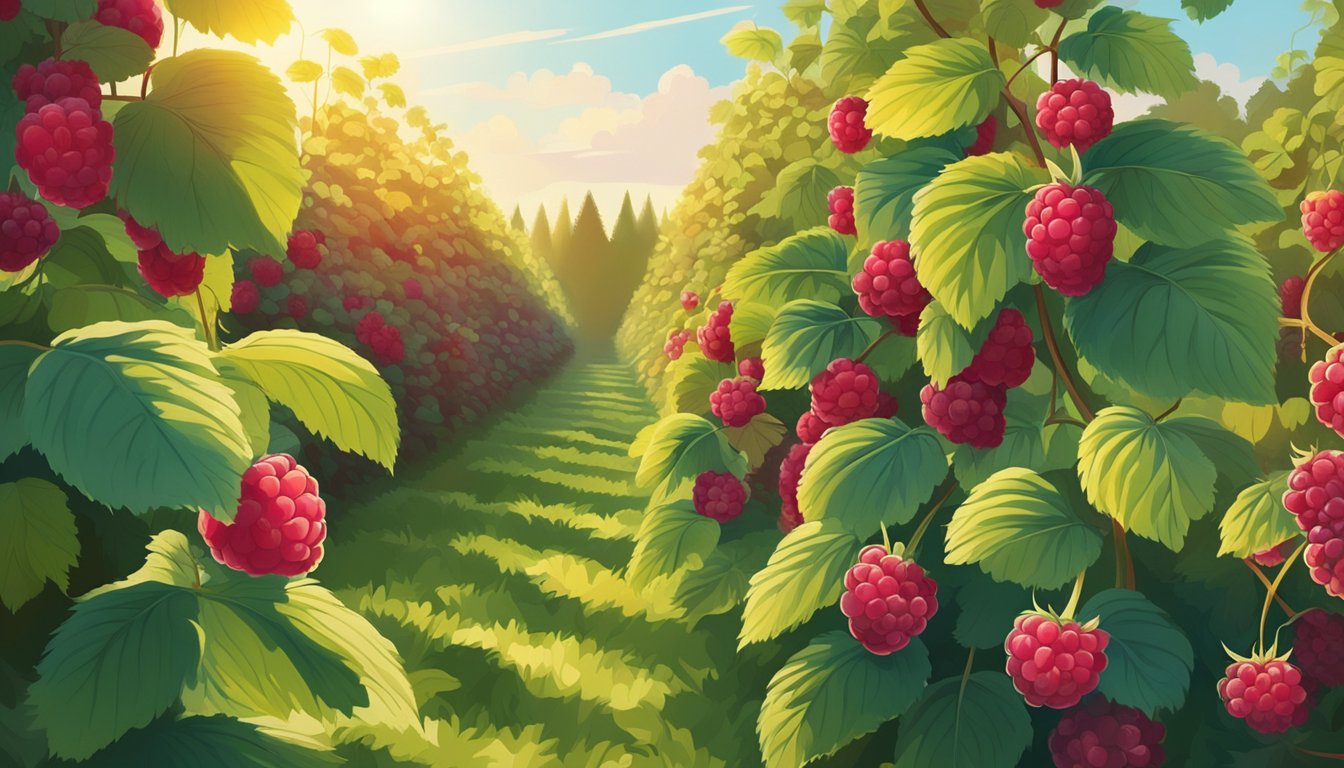 A lush garden with rows of raspberry bushes, some bearing deep red, plump berries ready for picking. The sun shines down, casting dappled shadows on the foliage