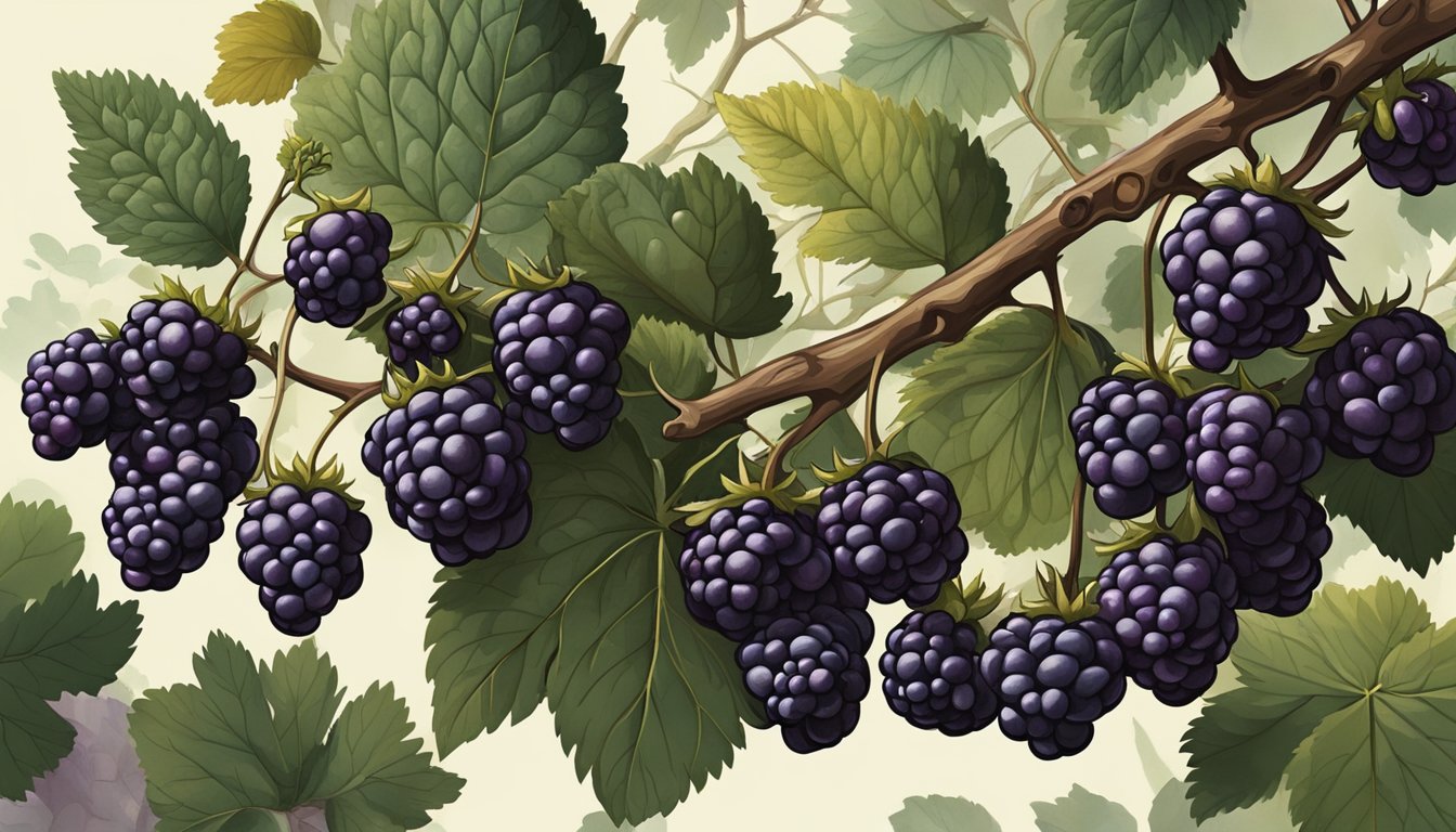 A cluster of ripe blackberries hangs from a thorny vine, their deep purple color indicating readiness for picking. A few fallen berries lie on the ground, tempting wildlife