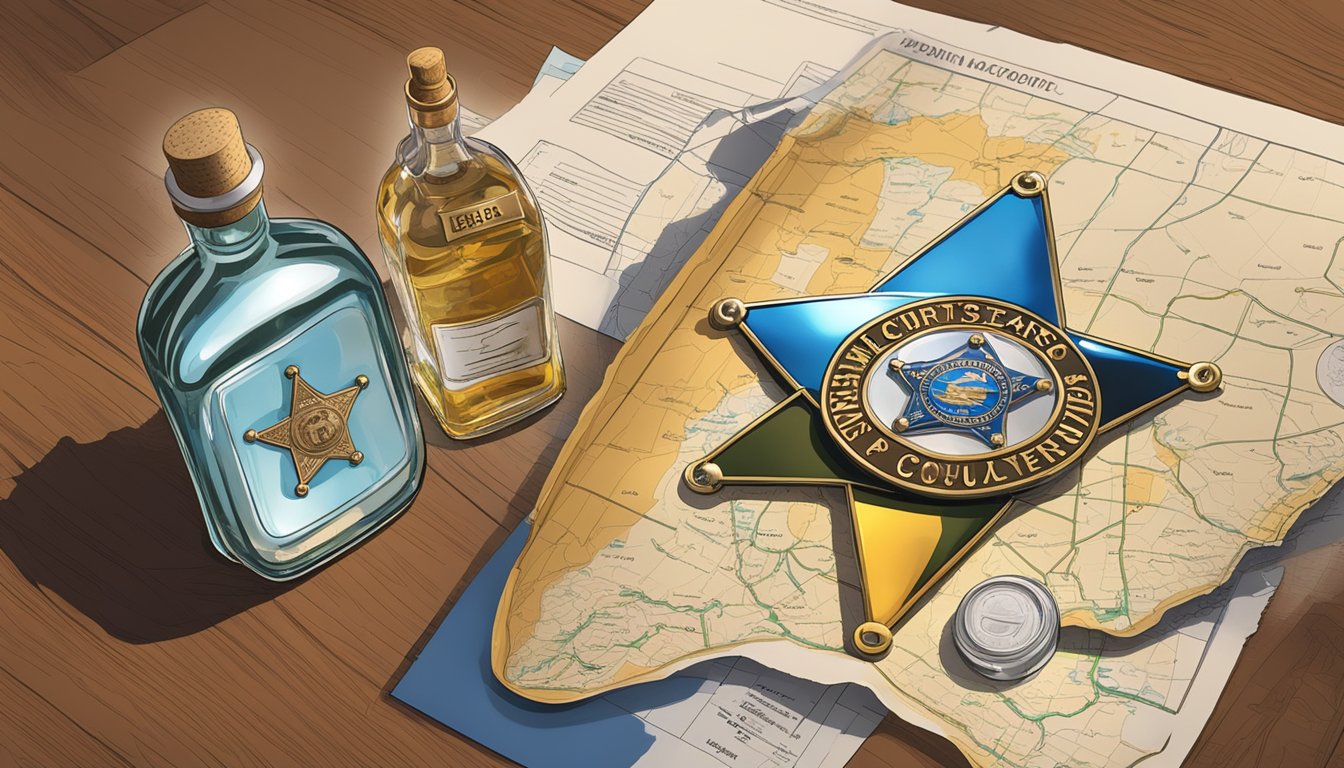 A sheriff's badge and a bottle of alcohol on a table, surrounded by legal documents and a map of Matagorda County, Texas