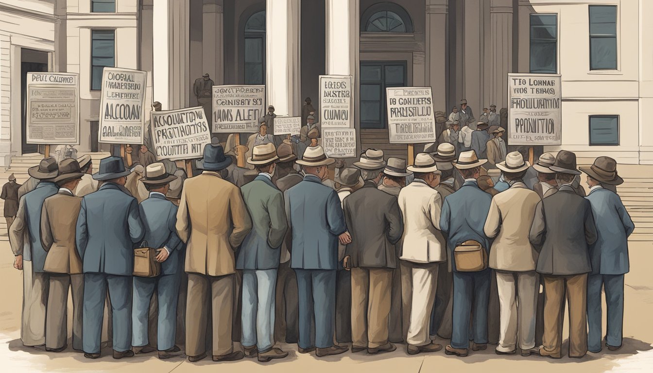 A group of people gather outside a courthouse, with signs protesting alcohol prohibition in Leon County, Texas