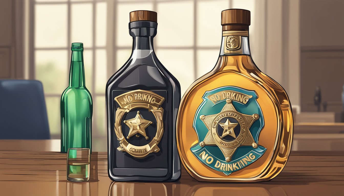 A sheriff's badge and a bottle of alcohol on a table with a "no drinking" sign in the background