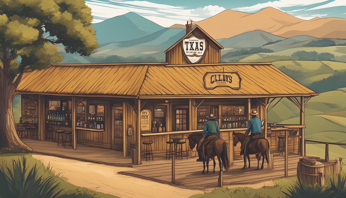 A rustic Texas bar with a sign displaying county alcohol laws, surrounded by rolling hills and a lone cowboy on horseback