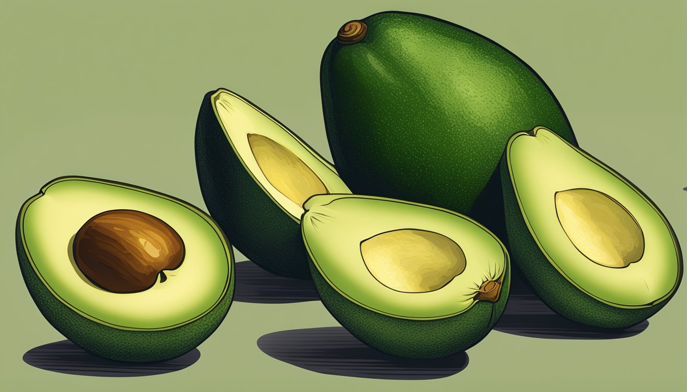 A sharwil avocado is sliced open, revealing a creamy, golden-green flesh with a smooth texture and a buttery aroma