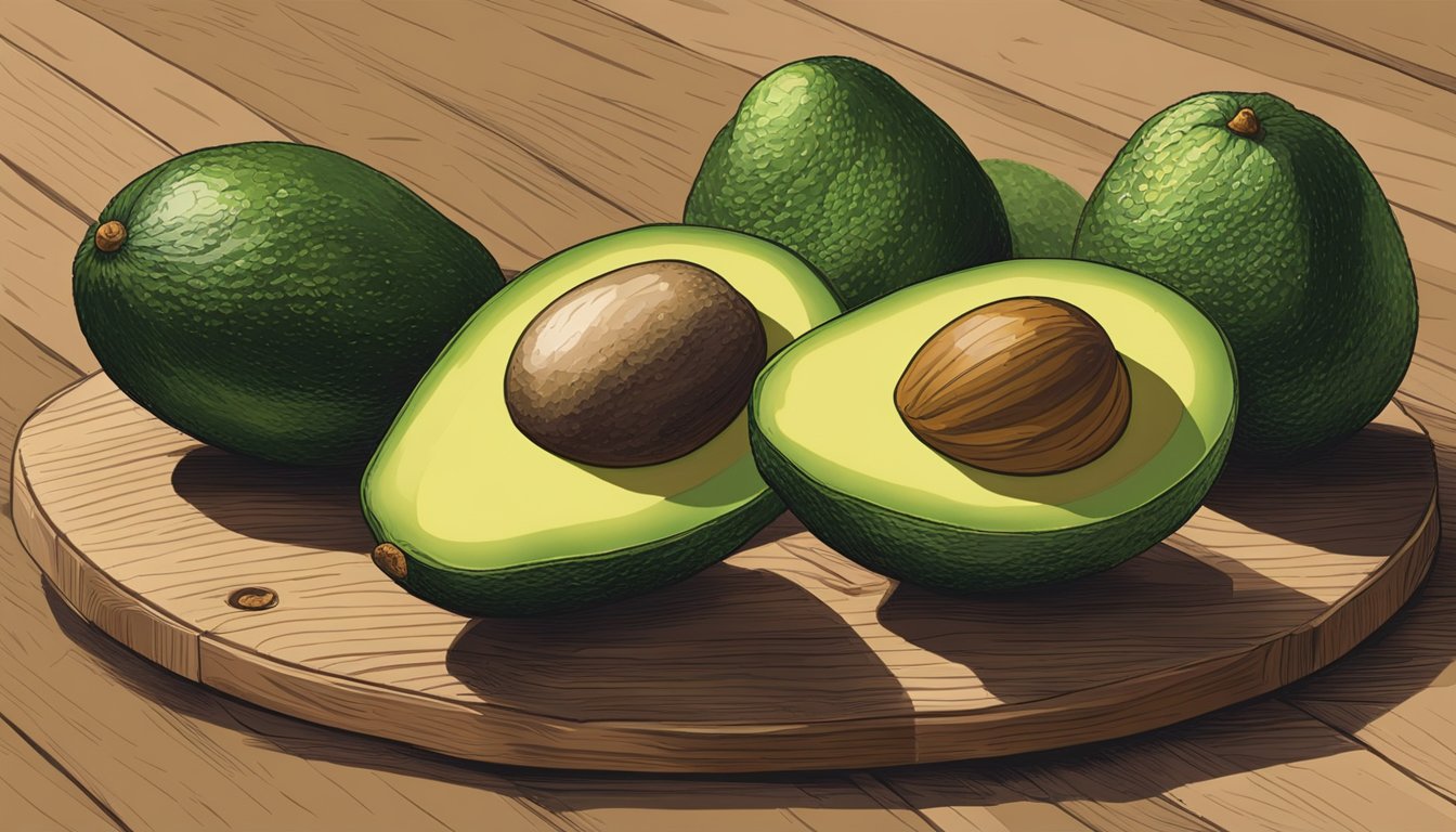 A cluster of Sir Prize avocados on a wooden table, varying in shades of green and brown, some with a slight give when gently pressed