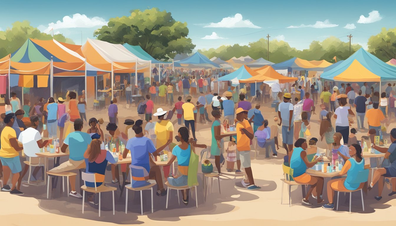 A vibrant community festival in Matagorda County, Texas, with people socializing and enjoying cultural activities, while adhering to local alcohol and drinking laws