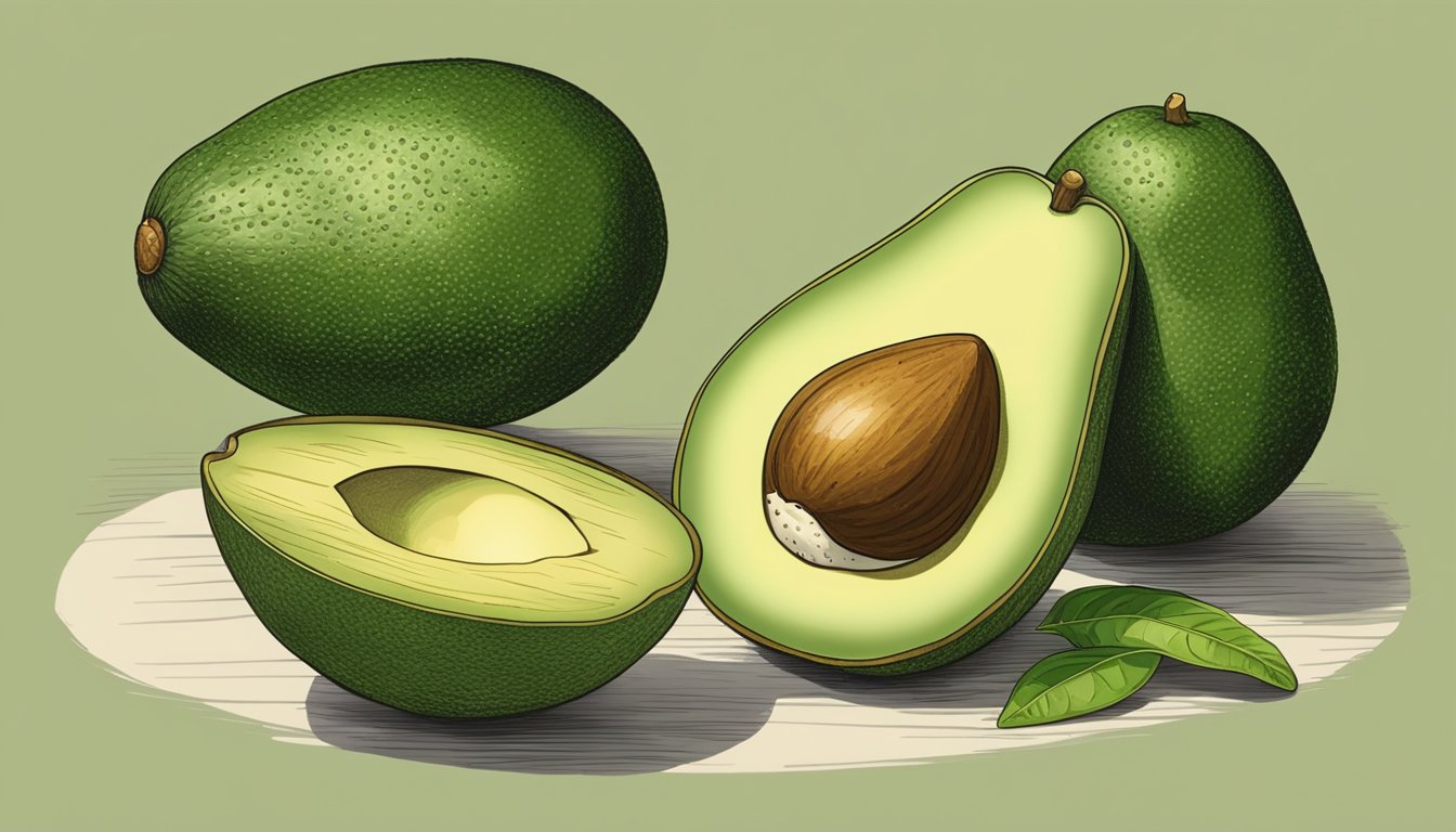 A table with a sharwil avocado cut in half, showing the creamy green flesh and a seed. A hand gently presses the skin to assess ripeness