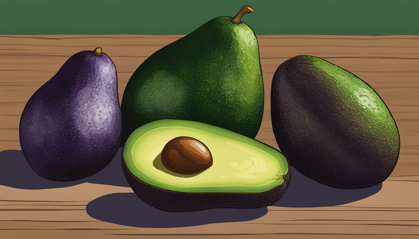 A group of Sir Prize avocados sit on a wooden table, varying in color from dark green to deep purple, with a few showing small patches of brown