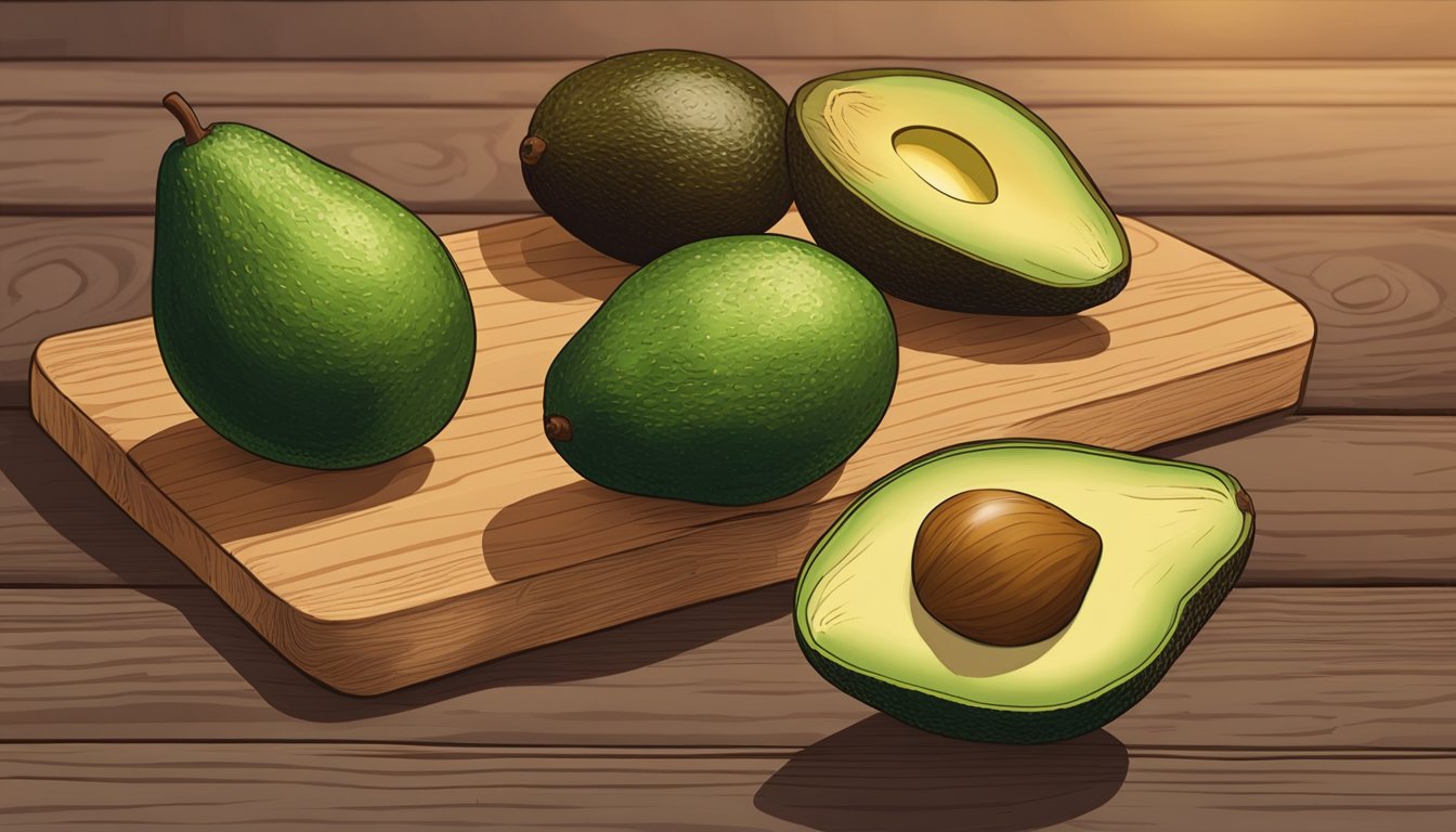 A close-up of a sharwil avocado being gently pressed to check for ripeness, with a background of other avocados on a wooden cutting board