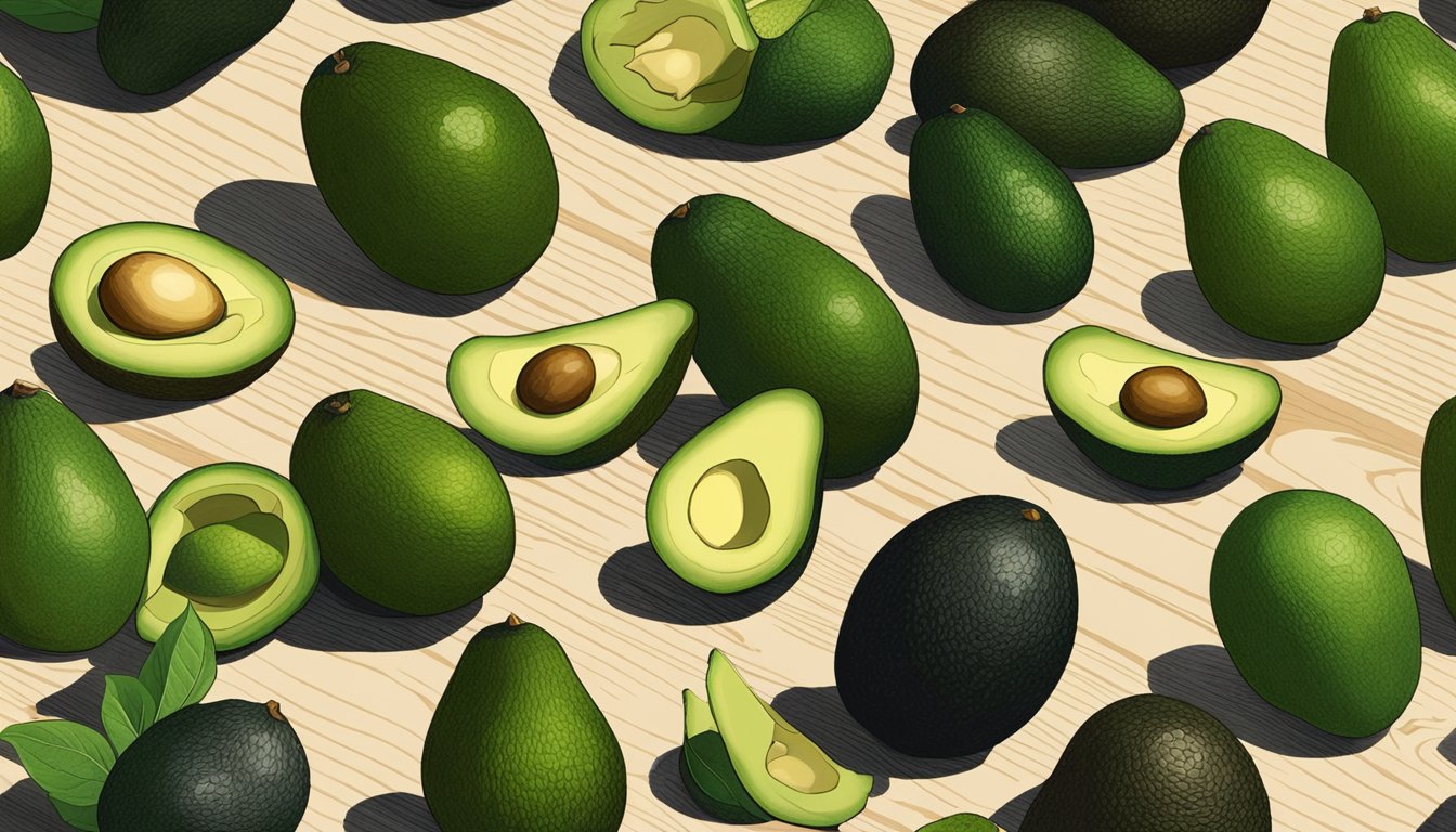 A cluster of sharwil avocados on a wooden countertop, some still green and unripe, while others are beginning to darken and soften, indicating ripeness