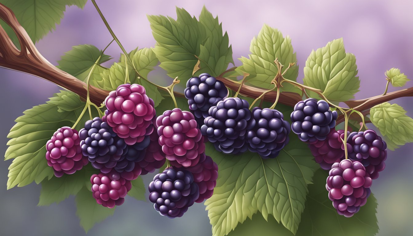 A cluster of ripe boysenberries hanging from a thorny vine, their deep purple color and plump, juicy appearance indicating their readiness for picking