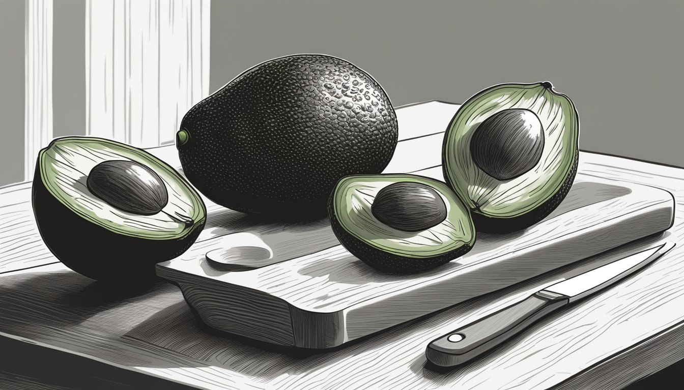 A ripe Sir Prize avocado sits on a cutting board, ready to be sliced open. Nearby, a bowl of unripe avocados awaits their turn to ripen