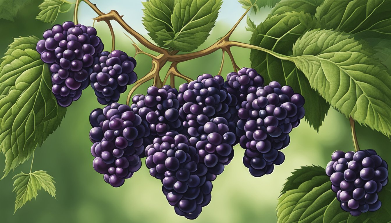 A cluster of deep purple boysenberries hangs from a thorny vine, surrounded by lush green leaves. Some berries appear plump and glossy, while others are still small and green