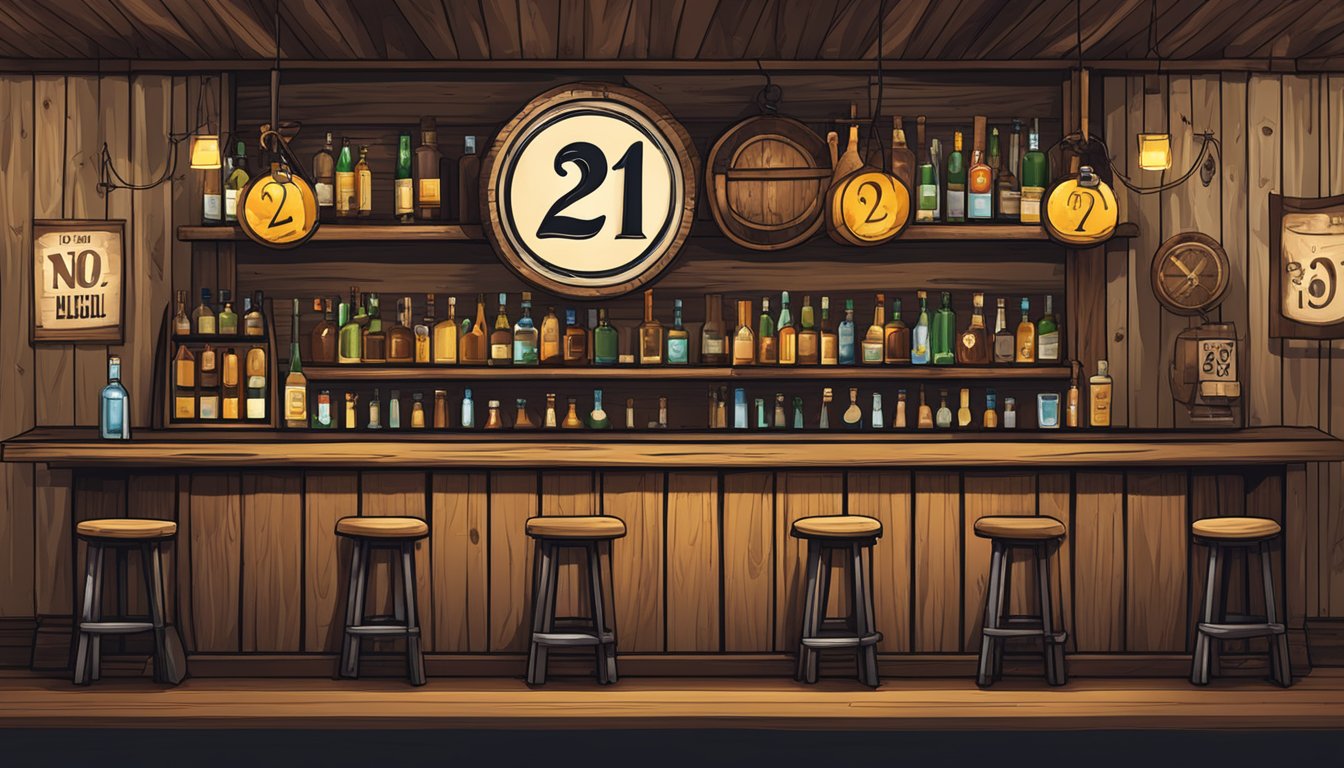 A rustic bar with a "no alcohol under 21" sign