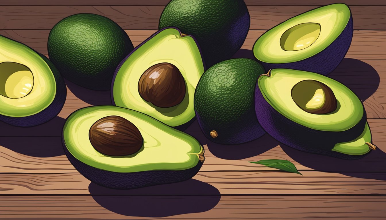 A cluster of sharwil avocados on a wooden surface, varying in color from dark green to a deep purple-black, with one avocado cut open to reveal its creamy, ripe flesh