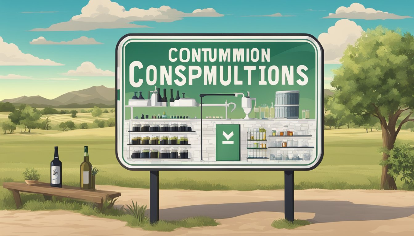 A sign displaying "Consumption Regulations" with a crossed-out alcohol symbol, set against a backdrop of the Medina County, Texas landscape