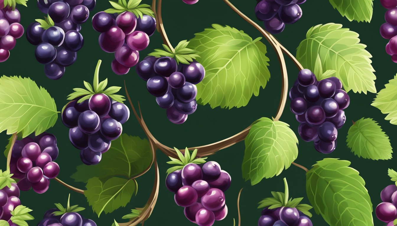 Ripe boysenberries hang from the vine, deep purple and plump. Green leaves and thorny stems surround the fruit, with a soft blur of soil and sunlight in the background