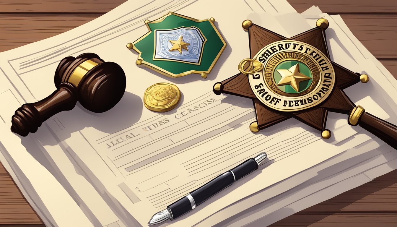 A sheriff's badge pinned to a stack of legal documents with a gavel and a bottle of alcohol