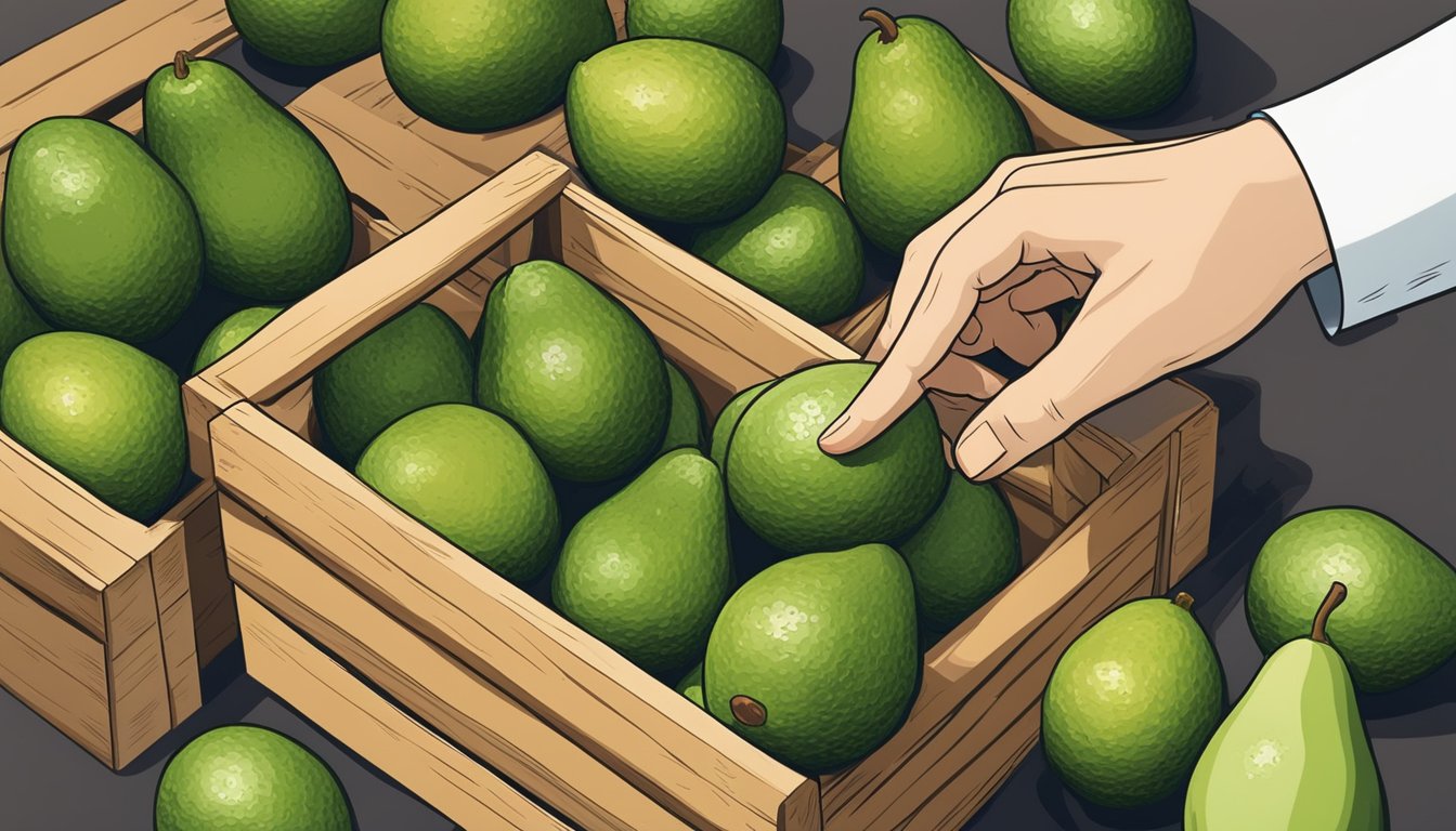 A hand reaching for a Sharwil avocado, gently pressing the skin to check for ripeness. Other avocados displayed on a wooden crate