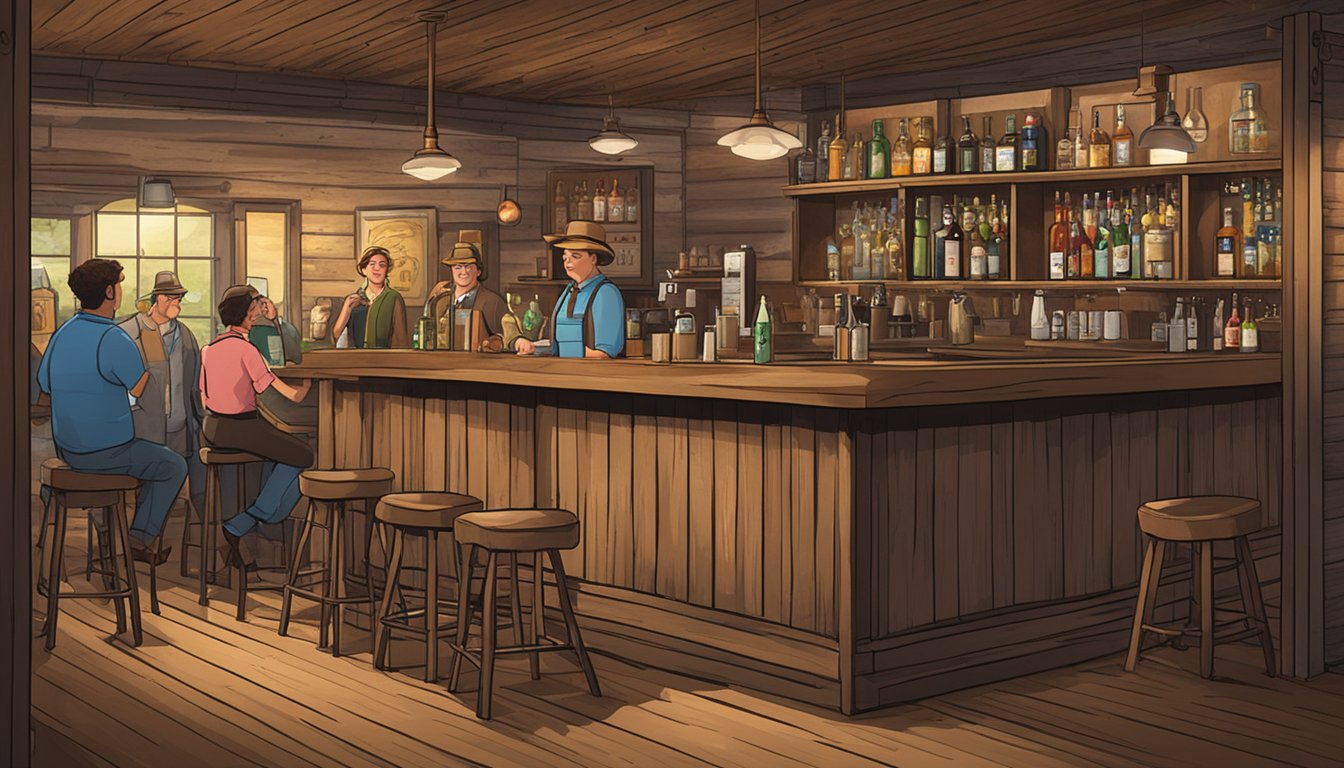 A rustic bar with a "Licensing Requirements" sign displayed prominently. Patrons enjoying drinks while a bartender checks IDs