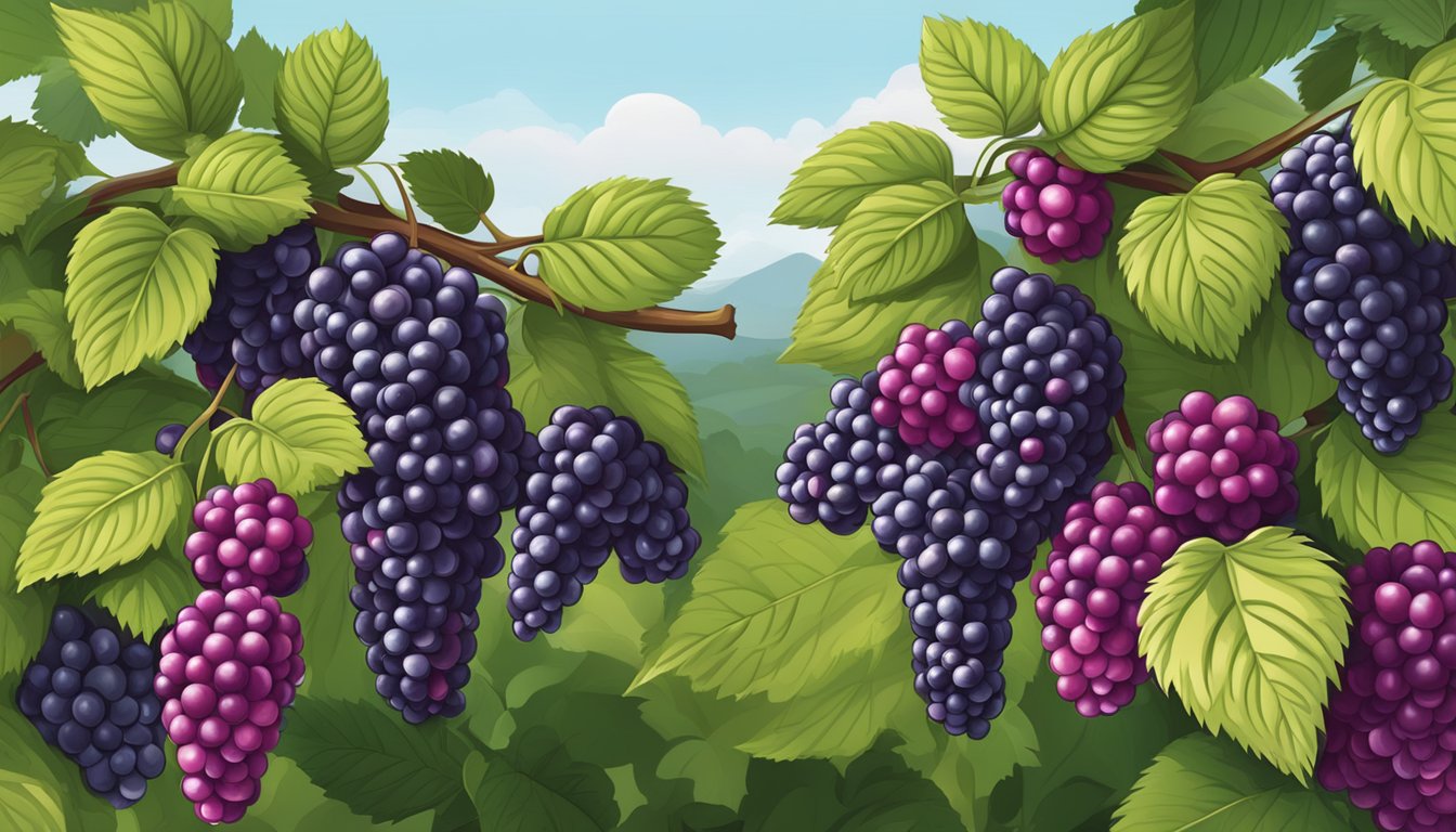 Boysenberry bushes with ripe, deep purple berries ready for harvesting