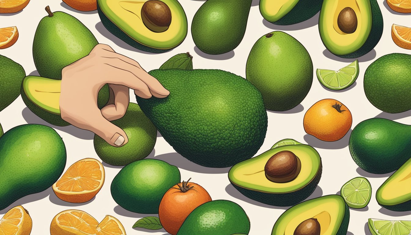 A hand reaching for sir prize avocados, gently pressing the fruit to check for ripeness, surrounded by a display of various other fruits and vegetables