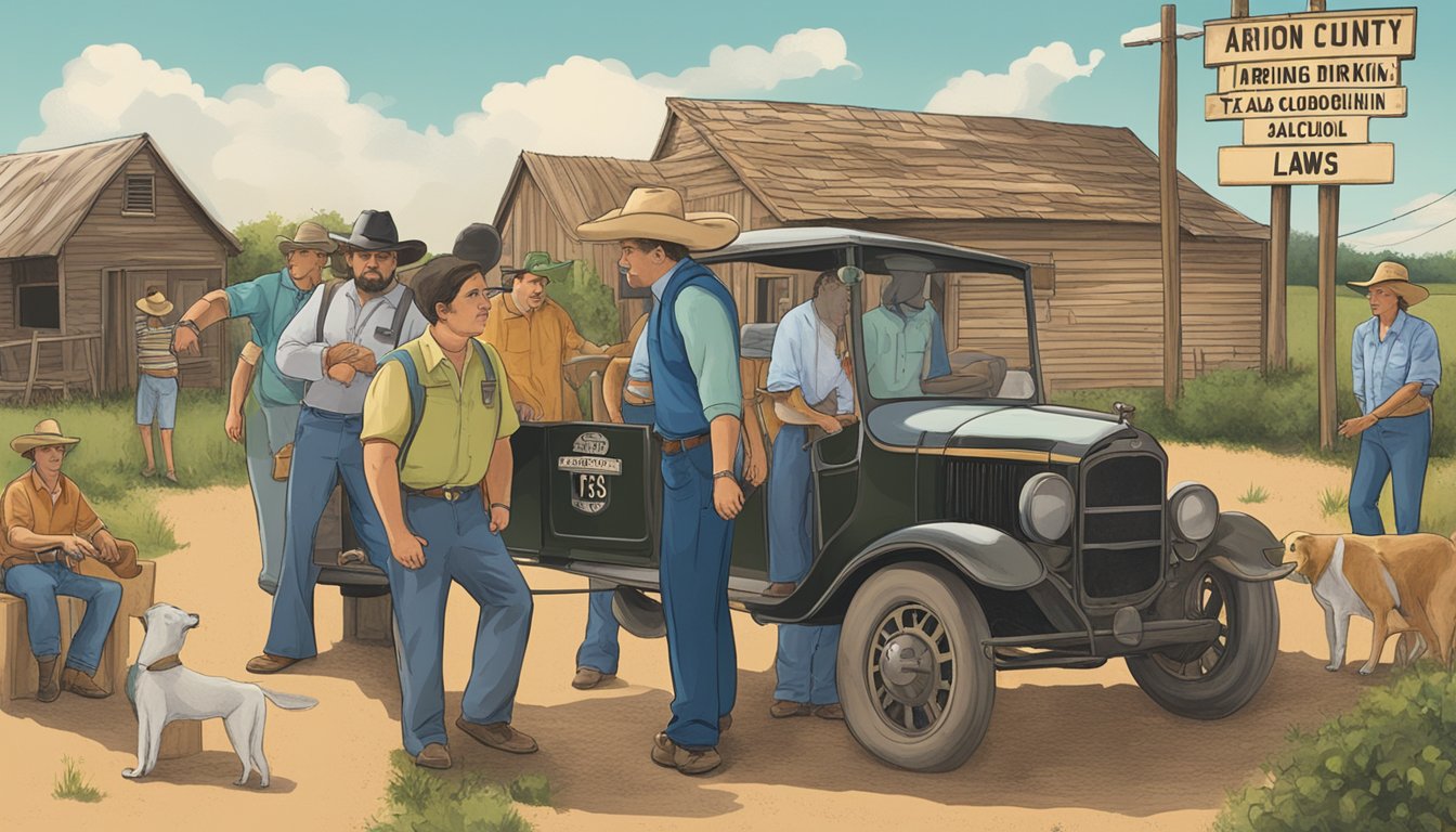 A group of people in a rural area, with a sign displaying "Marion County, Texas Alcohol and Drinking Laws" prominently displayed