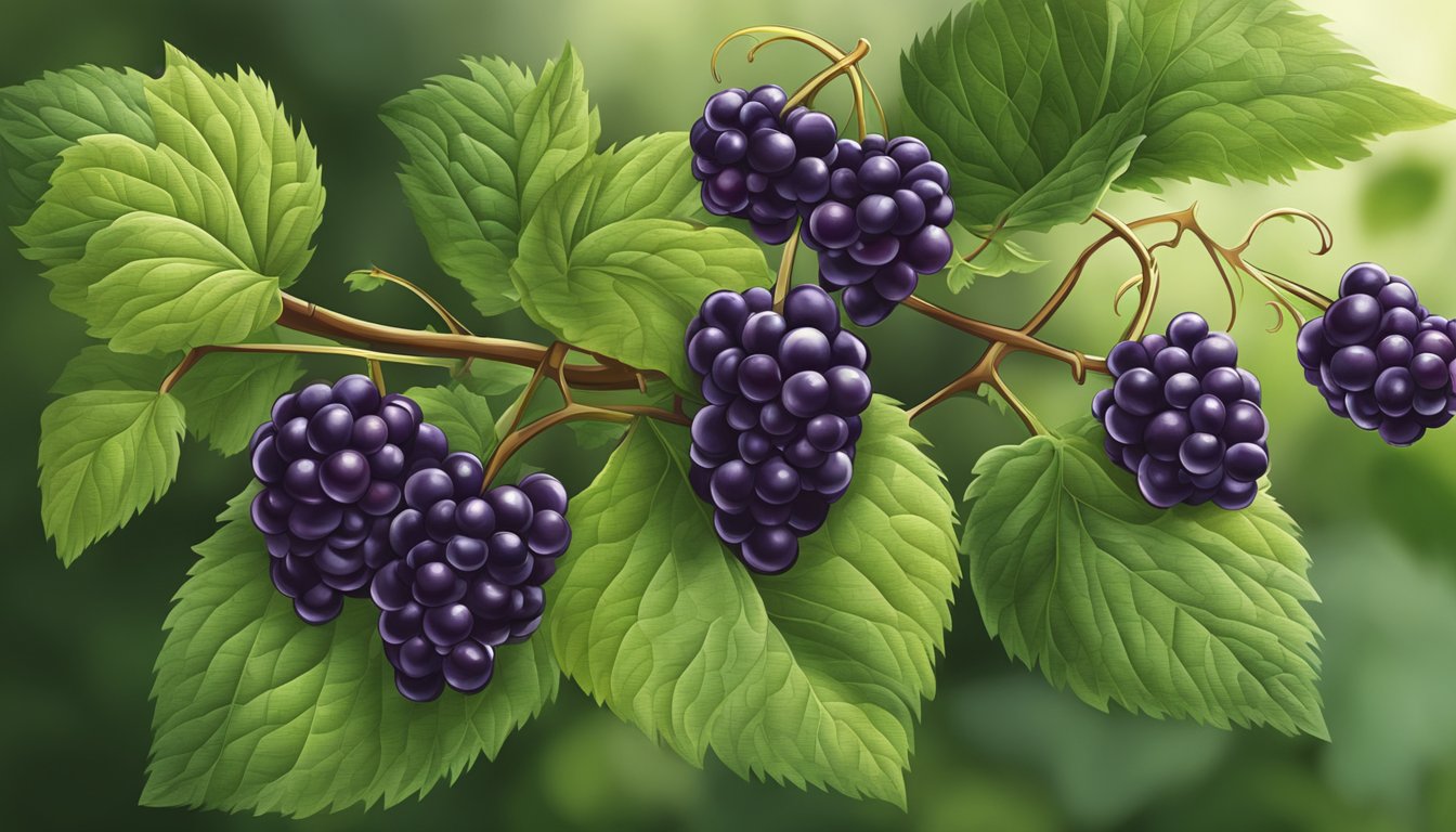 Ripe boysenberries on the vine, deep purple color, plump and juicy, surrounded by green leaves and thorny vines